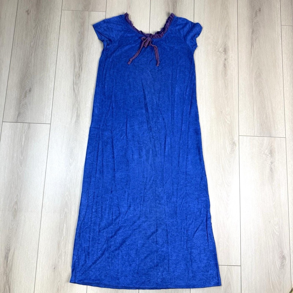 VTG Sears House Dress Women's L Blue Purple Tie Neck Made USA 80s Robe Nightgown